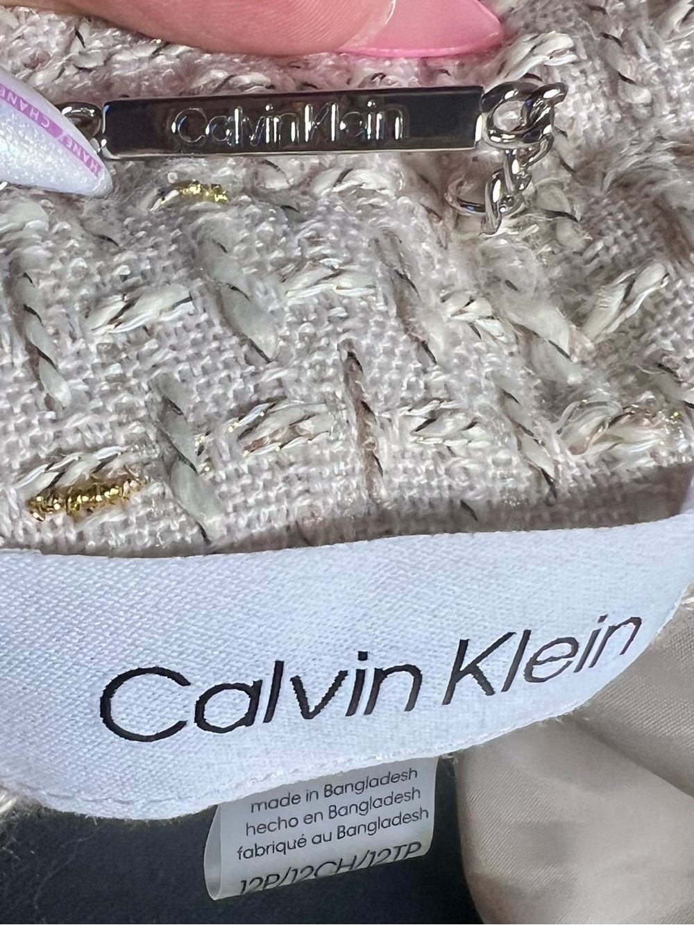Calvin Klein Cream w/Gold Patch Pocket Tweed Women's Blazer Jacket Size 12P NWT - Picture 4 of 12
